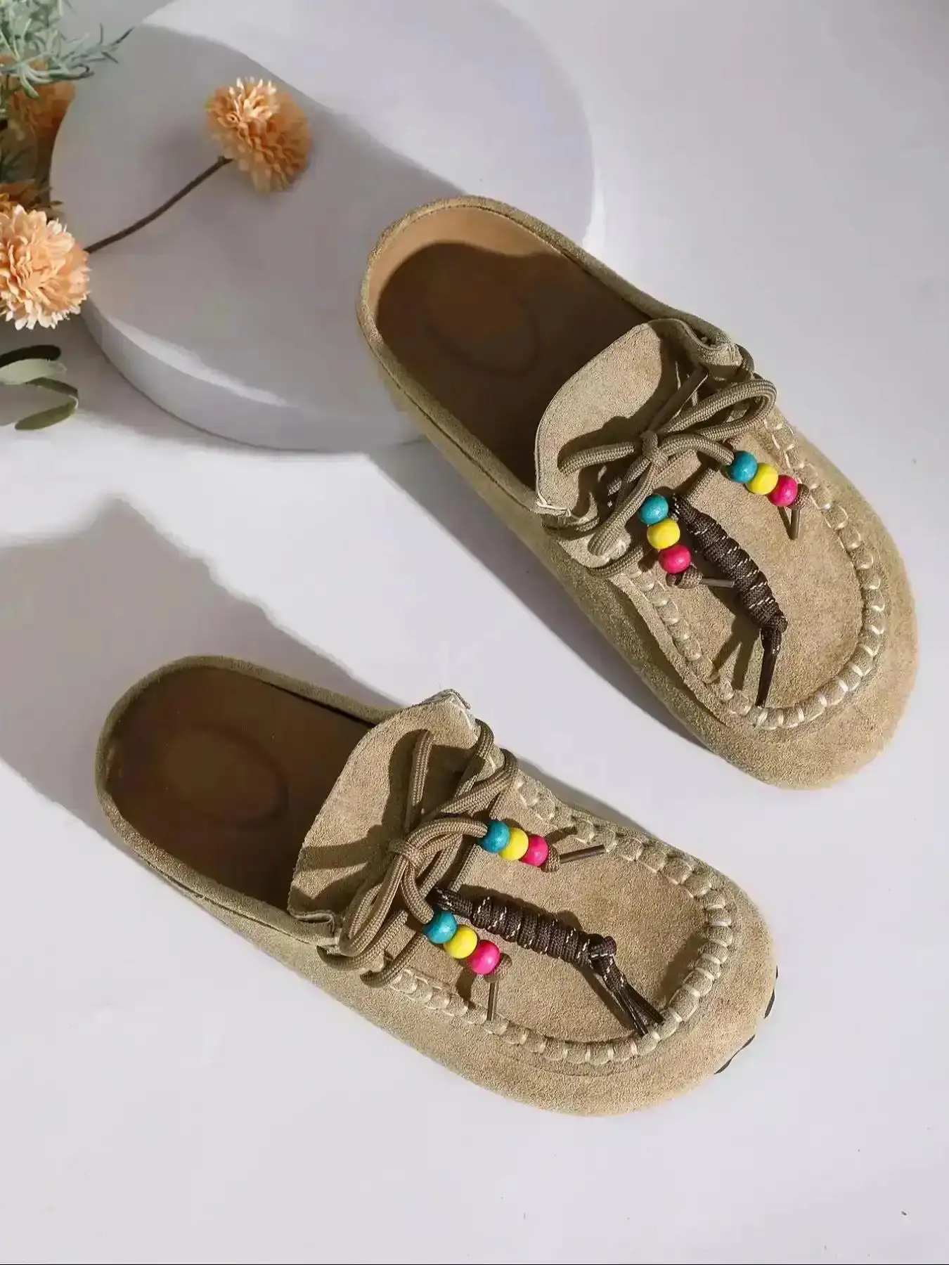 2026 New Women's Round-Toe Cork suede Clog Mules –Boho Beaded Tassel – Women’s Vintage Slip-On Clogs with Arch Support, Soft Sole, and Colorful Beads Cozy Fall Flats for Walking & Home Foot, Trendy, Flexible Modern