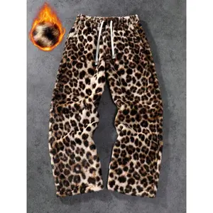Men's Leopard Print Plush Wide Leg Pants, Soft Rabbit Fur Fabric, Warm & Comfortable for Autumn Winter, Streetwear Style