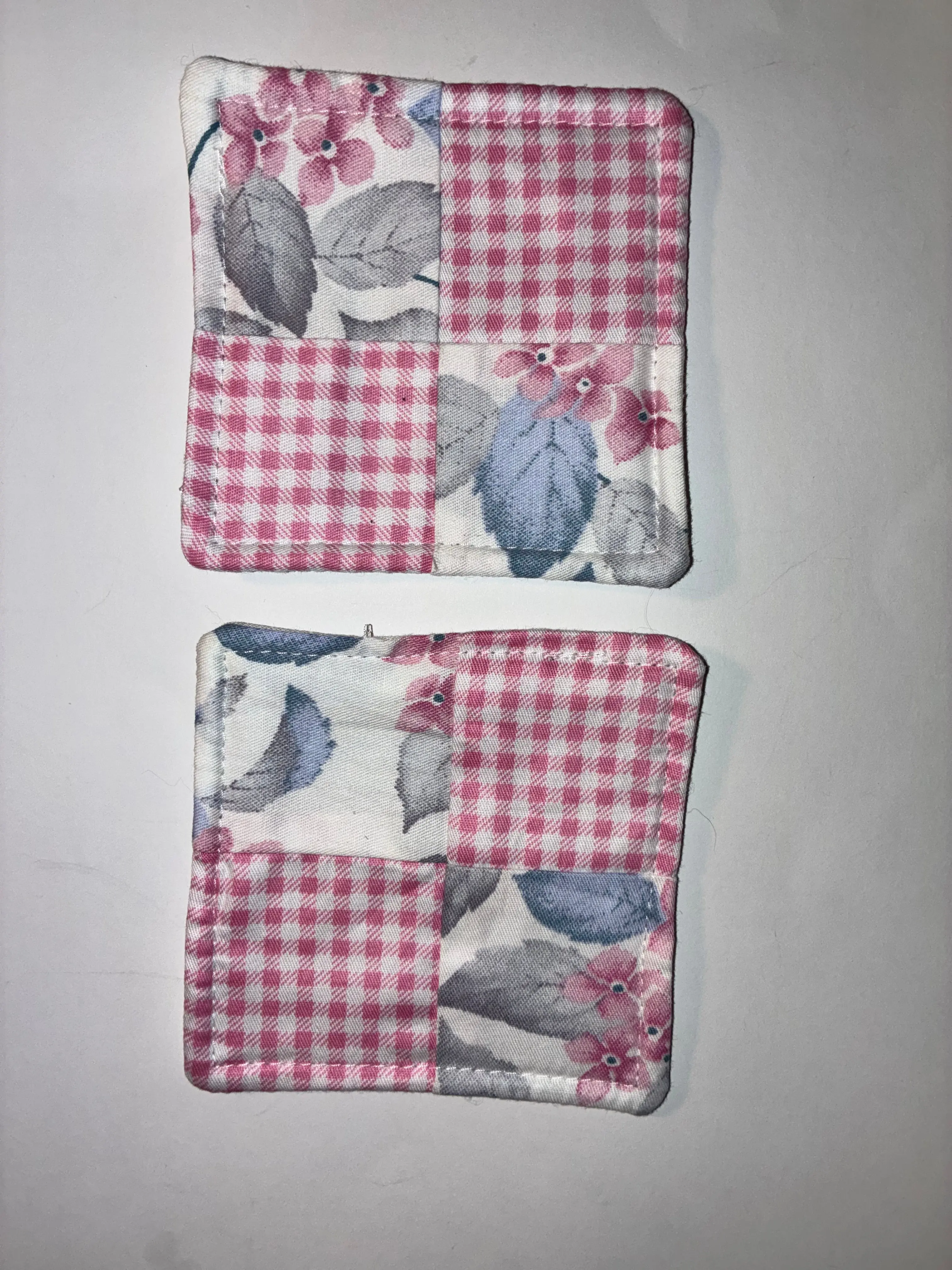 Pink Plaid and Blue Flower Quilted Coaster Set - 2 Pack