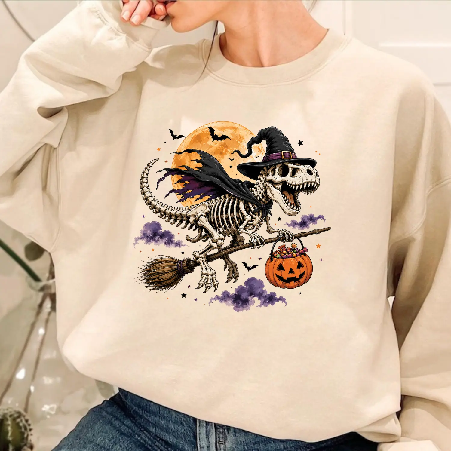 Flying Skeleton Dinosaur Halloween Sweatshirt, Witch T Rex Graphic Crewneck, Spooky Dino Pumpkin Shirt, Vintage Halloween Sweatshirt, Unisex Fall Gift