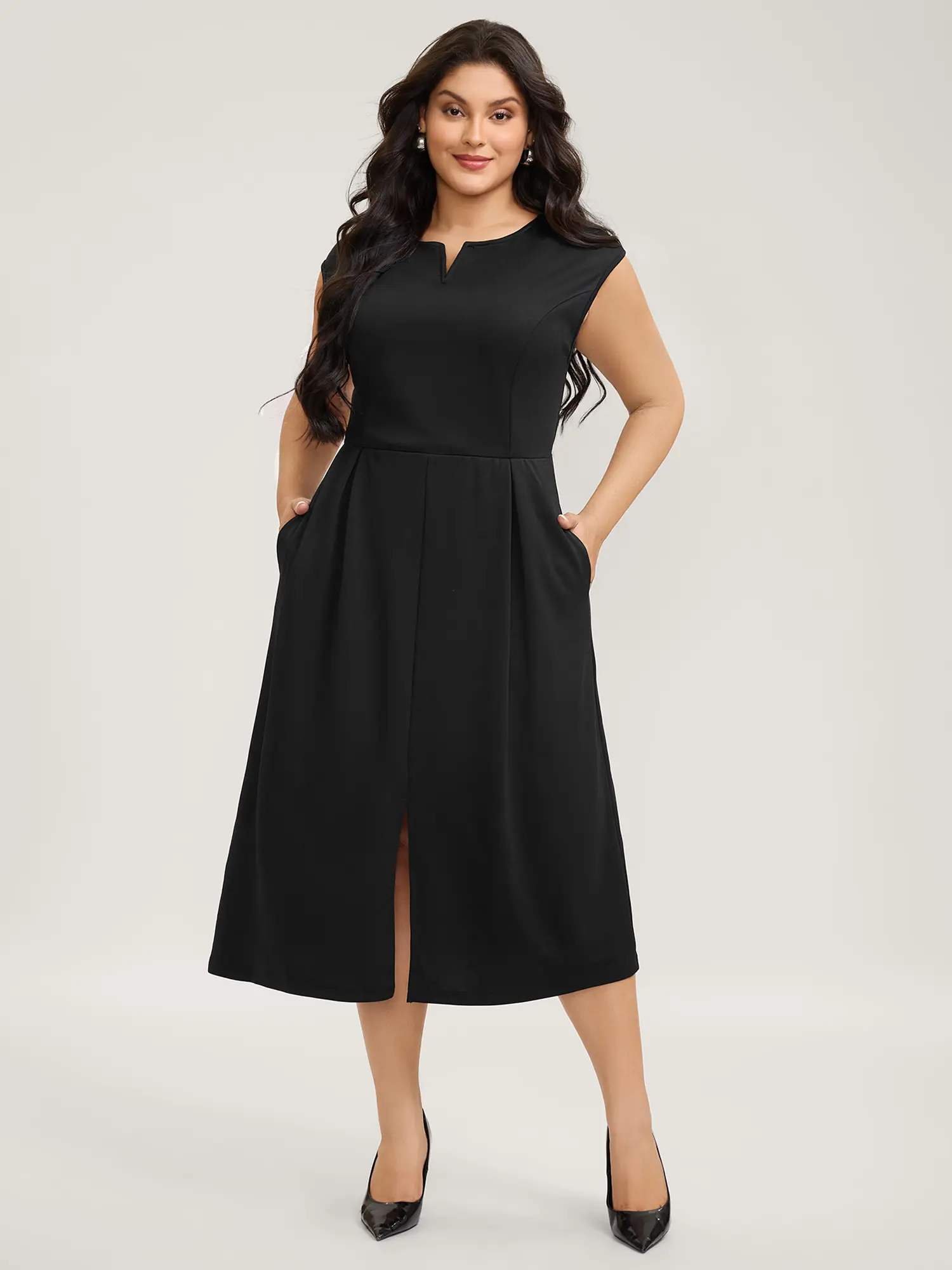 BloomChic Women's Office Midi Dress with Notched Collar and Cap Sleeves - Casual Polyester Ready to Wear Garment with Pockets, Low Iron, Office Fit, Pocket‑Ready Wear