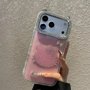 Fashion Rhinestone Cat Bow Phone Case Suitable For iPhone 17 Air 16 15 14 13 12 Pro Max Plus Trendy Protective Cover Cellphone