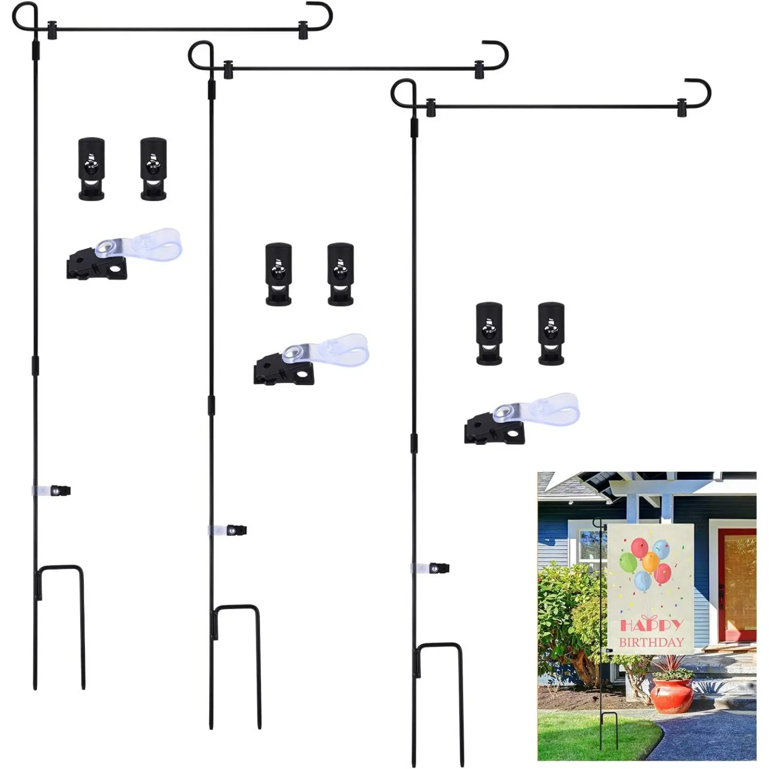 FEPITO 3 Pack Metal Garden Flag Poles with Removable Holders & Anti-Wind Clips for Outdoor Decorative Flags 34 Inch Length Rust-Proof Durable Design, Front Yard Flagpoles, Garden Pole Set Front Yard Decor Seasonal Decor