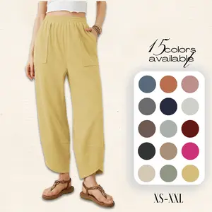 SCUSTY Womens Waffle Knit Elastic Waist Pocket Wide Leg Tapered Pants for Women | Casual Comfy Lounge Pants