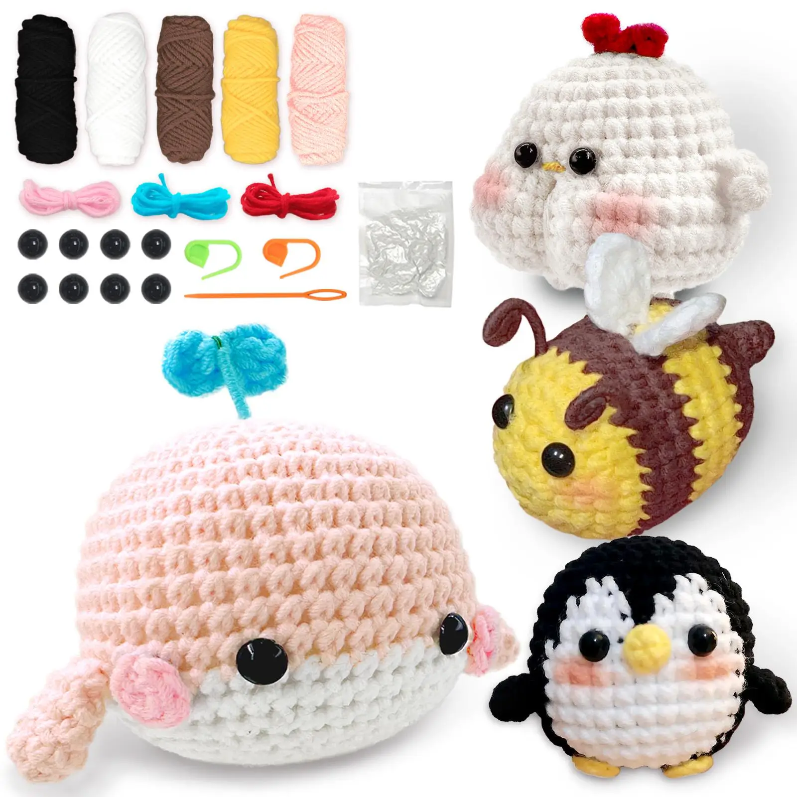 4 PCS Animals Crochet Set with Step-by-Step Video Tutorials, Penguin, Bee, Chicken, Whale, Crochet Set for Beginners, Crochet Animal Kit For Beginners