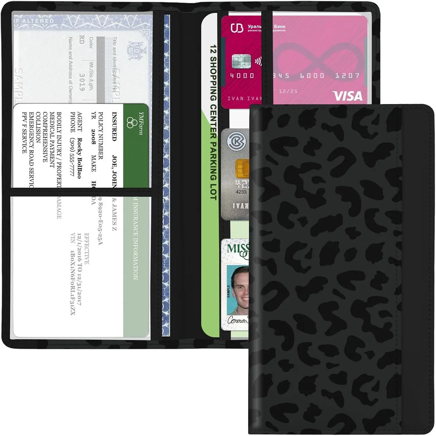 Car Registration & Insurance Holder with Magnetic Closure - Tax Disc Holder for License, Cards, Documents - Automotive Exterior Accessory for Cars (Leopard-Black)