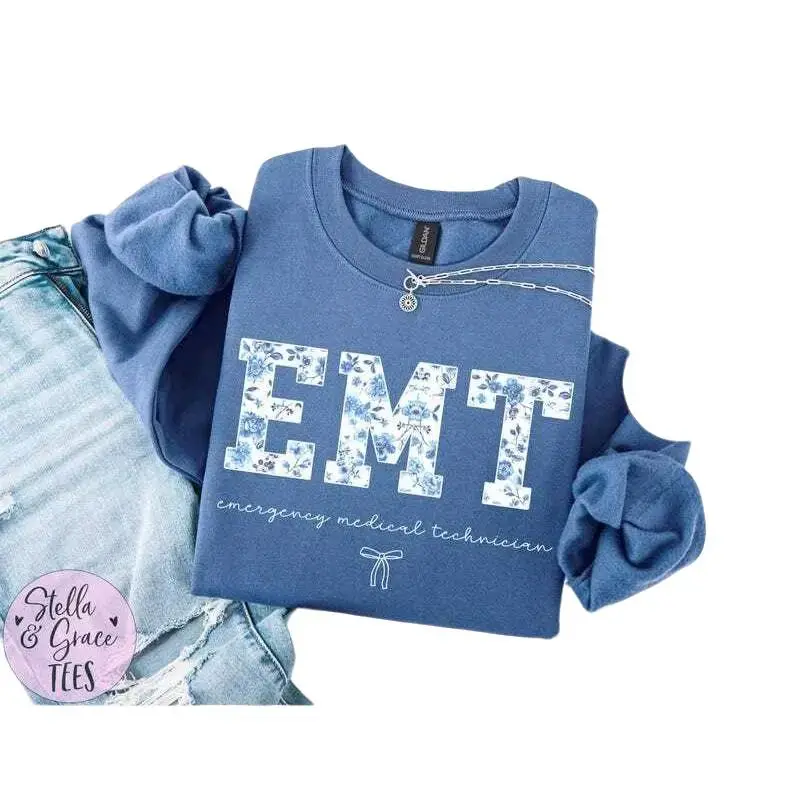 EMT T-Shirt / Sweatshirt / Hoodie, Emergency Medical Technician shirt, Boho Floral EMT Sweatshirt , Blue Toile Paramedic Shirt Cotton Fabric BDP