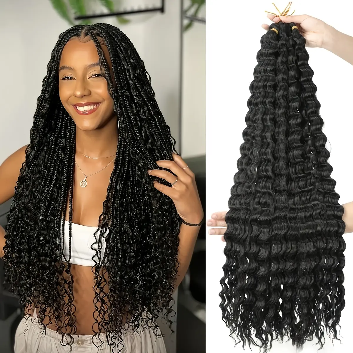 24 Inch Ocean Wave Crochet Hair, Wet and Wavy Synthetic Braiding Extensions for Black Women, Tangle-Free Deep Wave for Bohemian Hairstyles, Bohemian Braided Wig, Synthetic Braided Hair