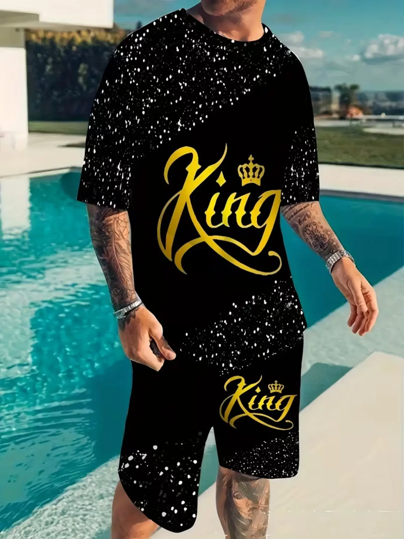 3D Crown King Print Men's Short Sleeve T-Shirt and Shorts Set, Matching Casual Fitted Breathable Summer for Men, Stylish Aesthetic Sportswear for Everyday Use Outfit