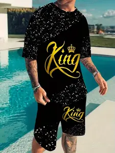 3D Crown King Print Men's Short Sleeve T-Shirt and Shorts Set, Casual Fitted Summer for Men, Stylish Aesthetic Sportswear for Everyday Use