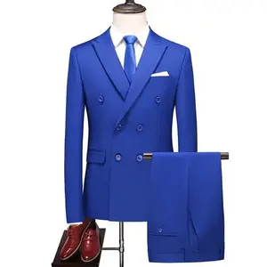 Men's Plus Size Two-Piece Suit Double-Breasted Solid Color Stand Collar British Slim Fit Suit