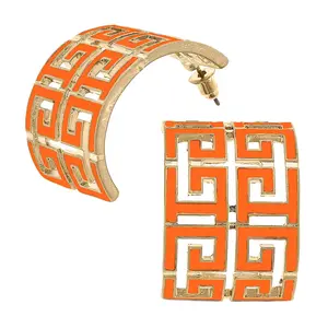 Brennan Game Day Greek Keys Enamel Hoop Earrings in Orange