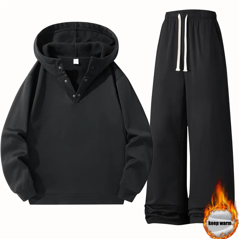 Men's 2-Piece Fleece-Lined Tracksuit Set - Hoodie, Long Sleeve Sweatshirt & Thick Sweatpants, Loose Plus Size Warm Casual Sportswear for Autumn Winter (No Button Design), Thickened