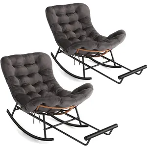 2pcs Oversized Papasan Rocking Chair with Foot Rest, Thick Removable Cushion, Metal Frame, PE Rattan Lounge Chair for Patio, Porch, Living Room,Gray