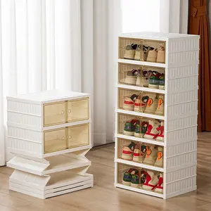 NLDD Foldable 6-Tier Shoe Rack with Clear Doors and Wheels - Collapsible Plastic Storage for 12 Pairs, Room Shelf Organizer Stackable Dust Proof Ventilate Box