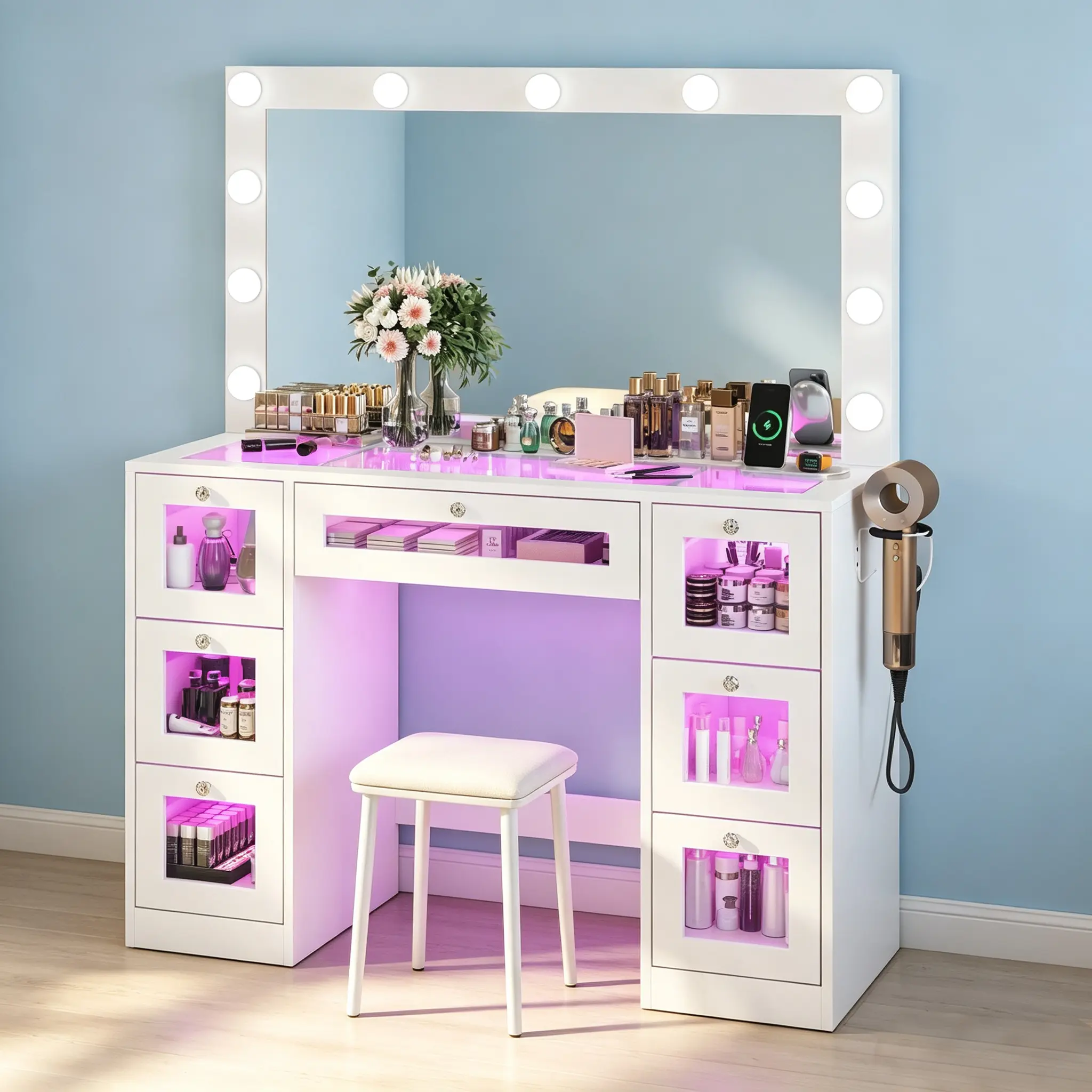 CollaredEagle Large Wood Vanity Makeup Desk With Mirrors & LED Lighted Mirror, Tempered Glass Top, 7 Storage Drawers, RGB Lights, 11 Adjustable Lights, Power Outlet, Touch & Remote Control for Bedroom