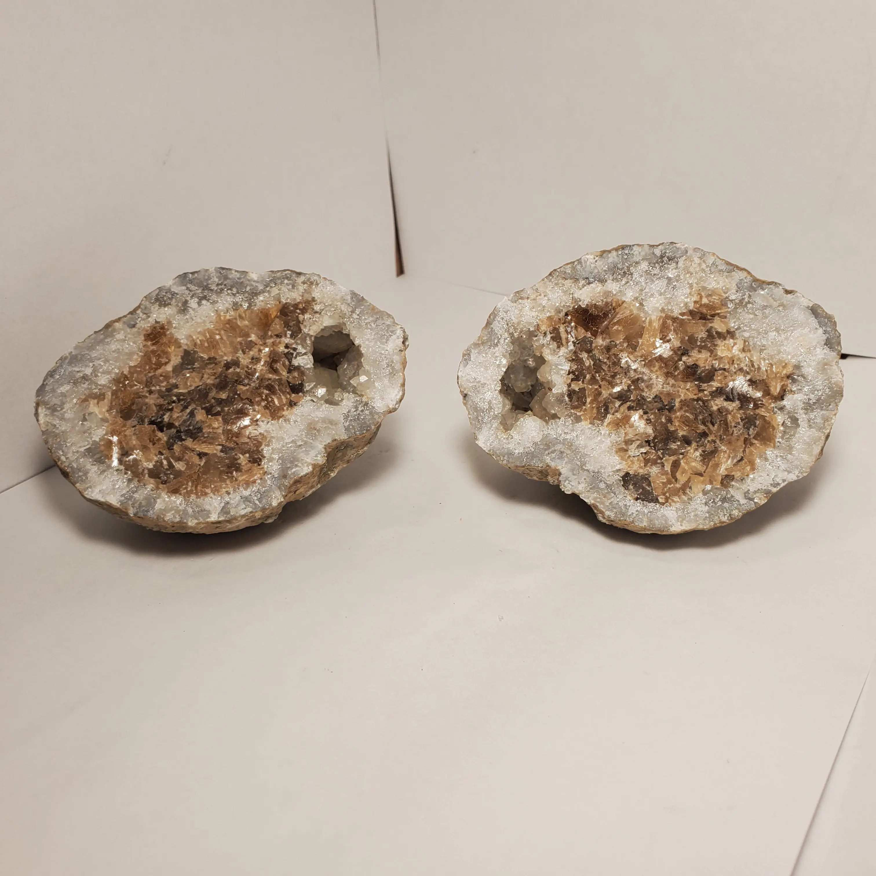 Brown Calcite Fabulous Keokuk Geode Split Pair - 2 Pieces, Almost Solid, UV-Reactive Mineral, Decorative Natural Crystal Decorations, Rock and Mineral Collectibles