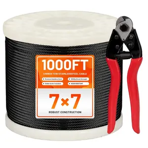 1000FT 1/8" Black Stainless Steel Cable Kit for Deck Railing, Premium T316, 7x7 Strands, 1/8" Wire Rope with Cutter, DIY Balustrades