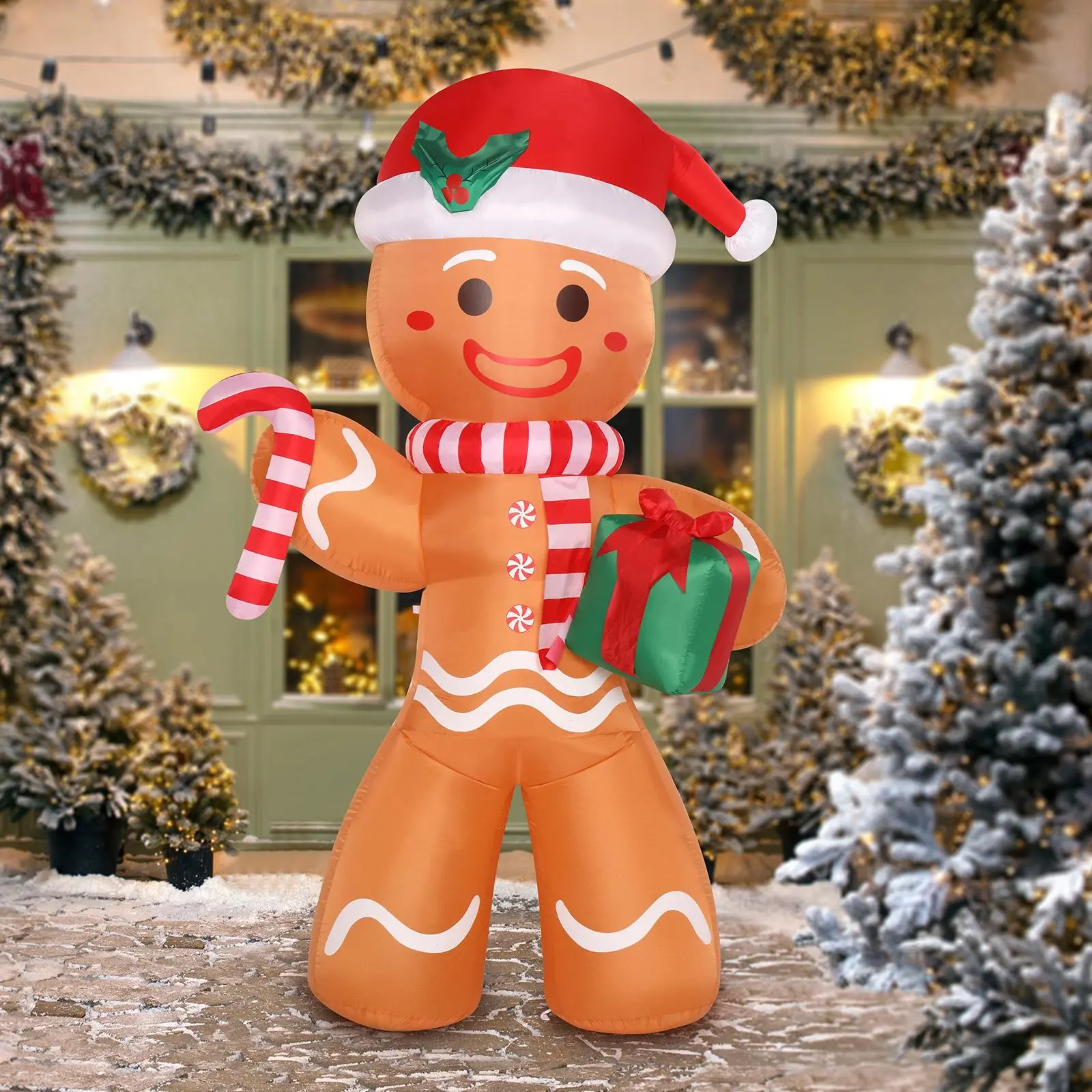 Christmas Gingerbread Man Outdoor Decoration Light, 8ft 15W with 5 LEDs, Gift-Holding Design, Party Decoration