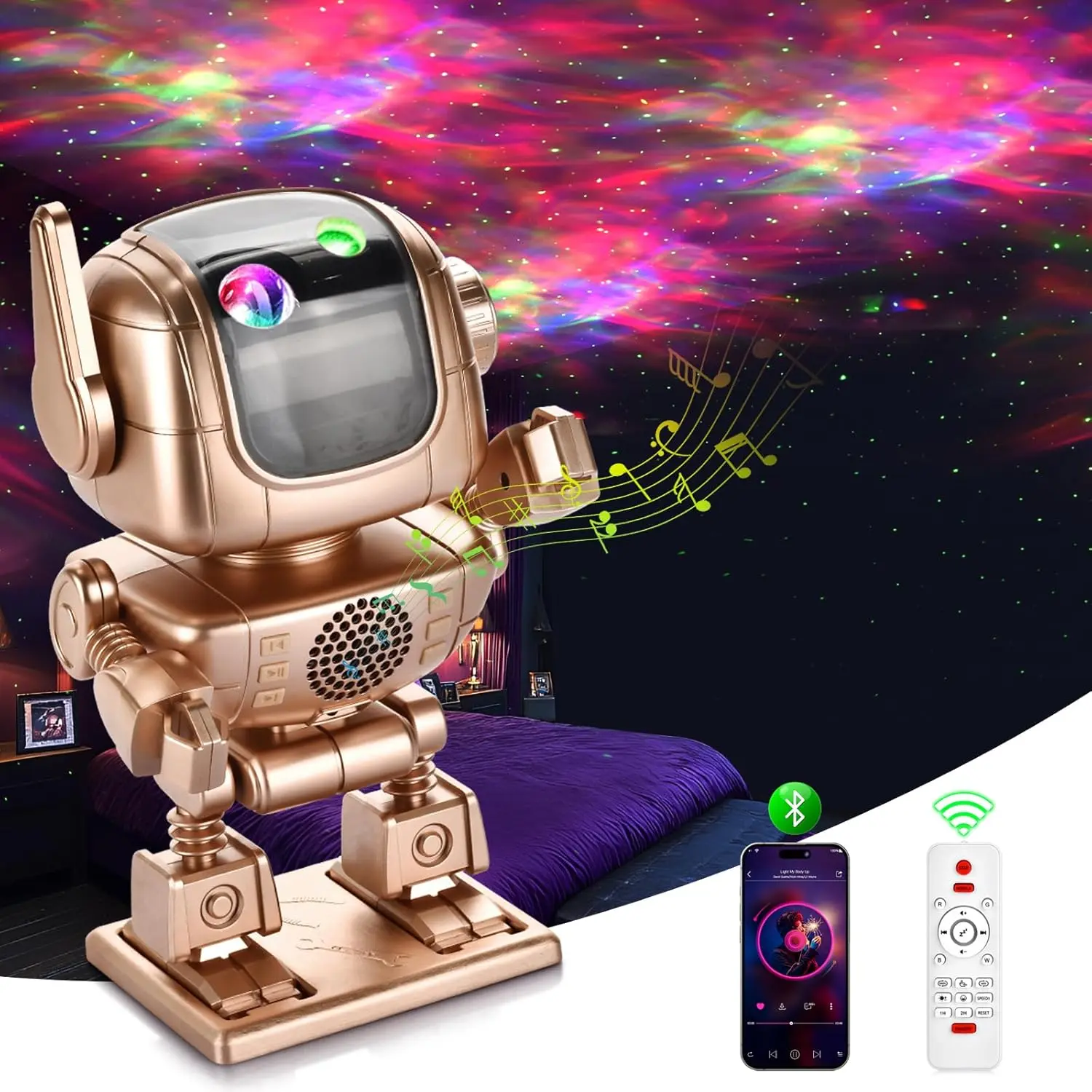 Z-RDL1 Type A Plastic Space Astronaut Robot Galaxy Projector - LED Color Changing Night Light with Starry Nebula, 90° Rotation, Timer, Remote Control, White Noise, Portable Bluetooth Speaker, Music Player, Auto-Shutoff, Batteries for Bedroom Birthday, Spe