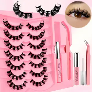 Fluffy False Eyelashes with Eyelash Glue & Tweezers, 1 Box Natural Curling Wispy Faux Cluster Lashes, Volumized False Eyelashes for Women and Girls, Makeup, Fake Lashes