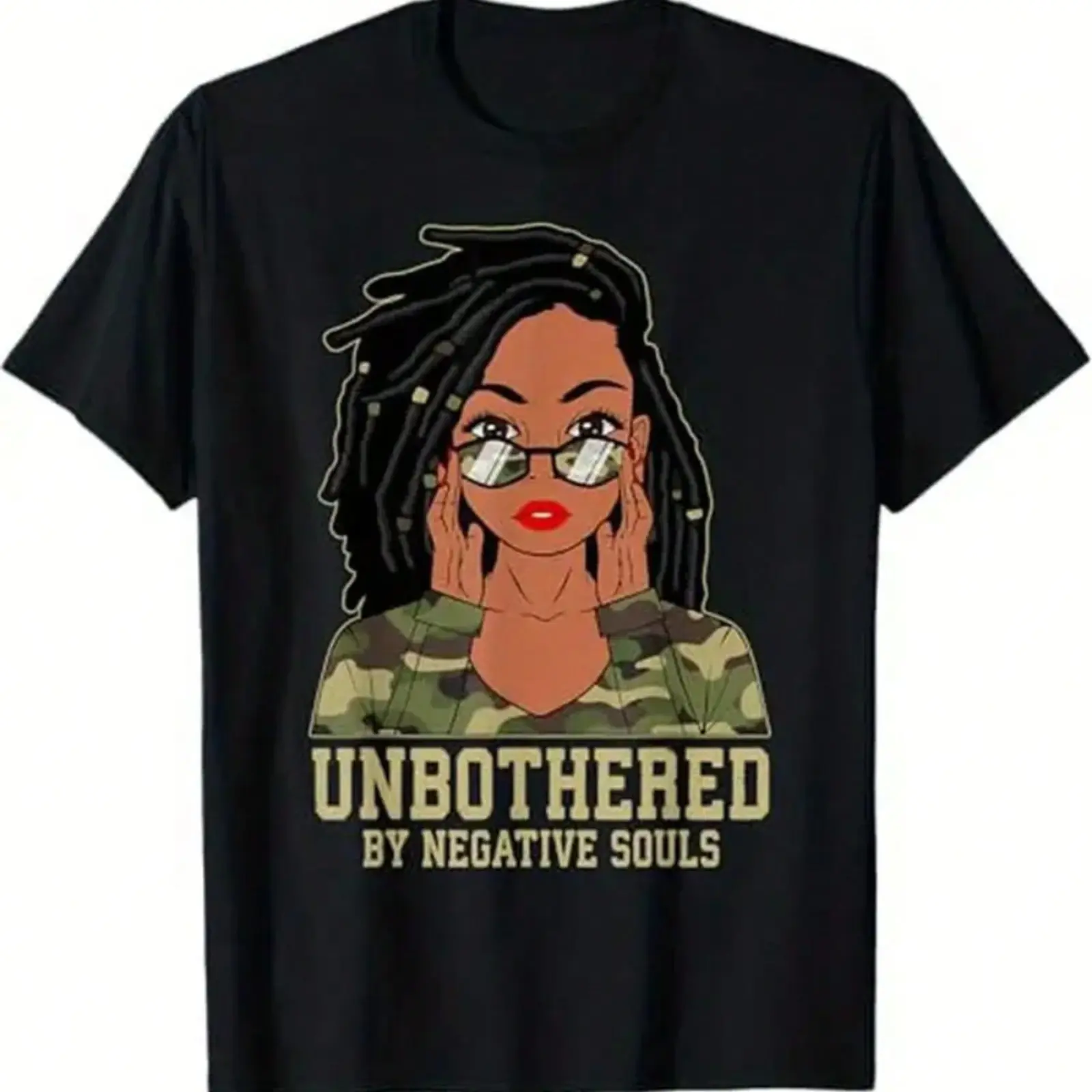 Women's Casual Short-Sleeve T-Shirt - 220g Heavy Cotton Clothes with Loc'd Hair Camo Girl Graphic, Streetwear Style