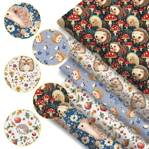 5 Pieces Hedgehog Mushroom Flower Spring Summer Print Fabric Floral Patchwork Design, Handmade Home Decor DIY Sewing Patchwork Material, 7.8"x7.8"(20x20cm)