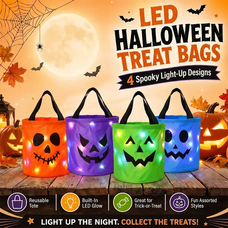 LED Halloween Pumpkin Candy Buckets & Non-Woven Tote Bags (4 Pcs) - Reusable Trick-or-Treat Gift Bags for Kids - Collectible Party Favors & Home Outdoor Decor