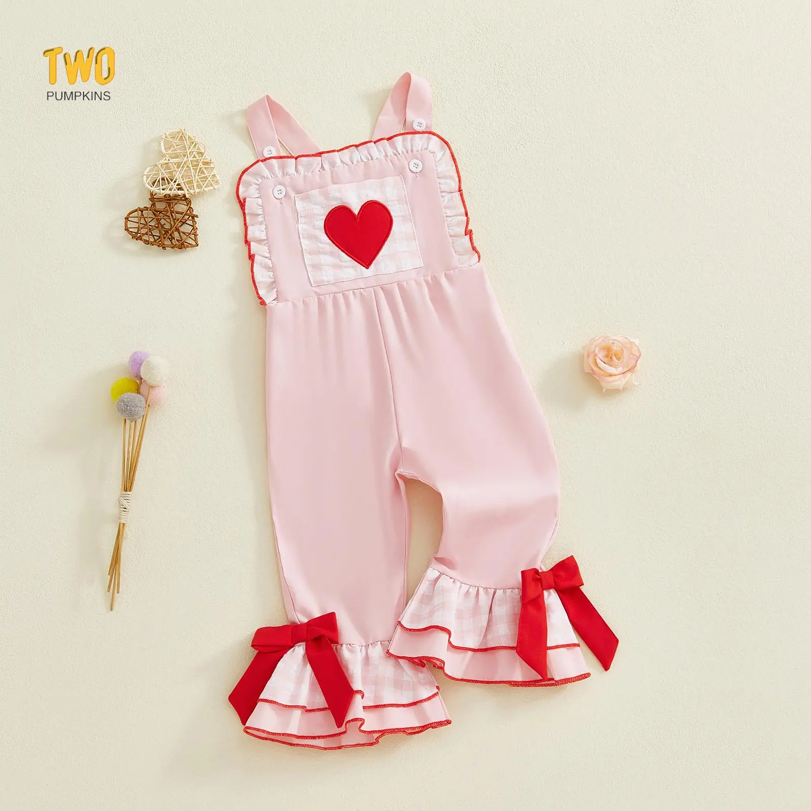 Toddler Baby Girl Valentines Day Outfit Ruffle Romper Jumpsuit Heart Embroidery Sleeveless Striped Bell Bottom Overall