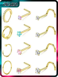 ORAZIO 14K Gold Filled Hypoallergenic Surgical Steel Nose Rings for Women & Men 12Pcs Set with 8CZ Studs & 4Hoops 18G/20G/22G Perfect for Multi Piercing Jewelry