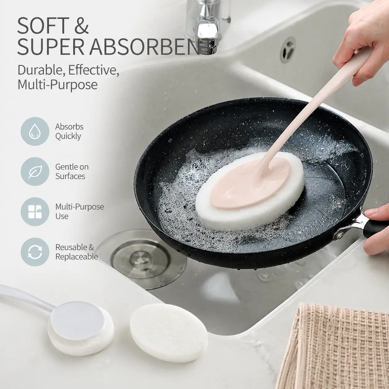 1 Count Long Handle Polyester Cleaning Brush, Soft Absorbent Replaceable Sponge Pad for Kitchen Sink Toilet Household Surface Cleaning