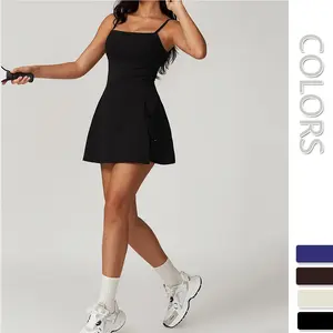 Women's Tennis Dress with Shorts, Backless Spaghetti Strap Design, Side Slit A-line Compression Workout Dress - Ideal for Tennis and Yoga