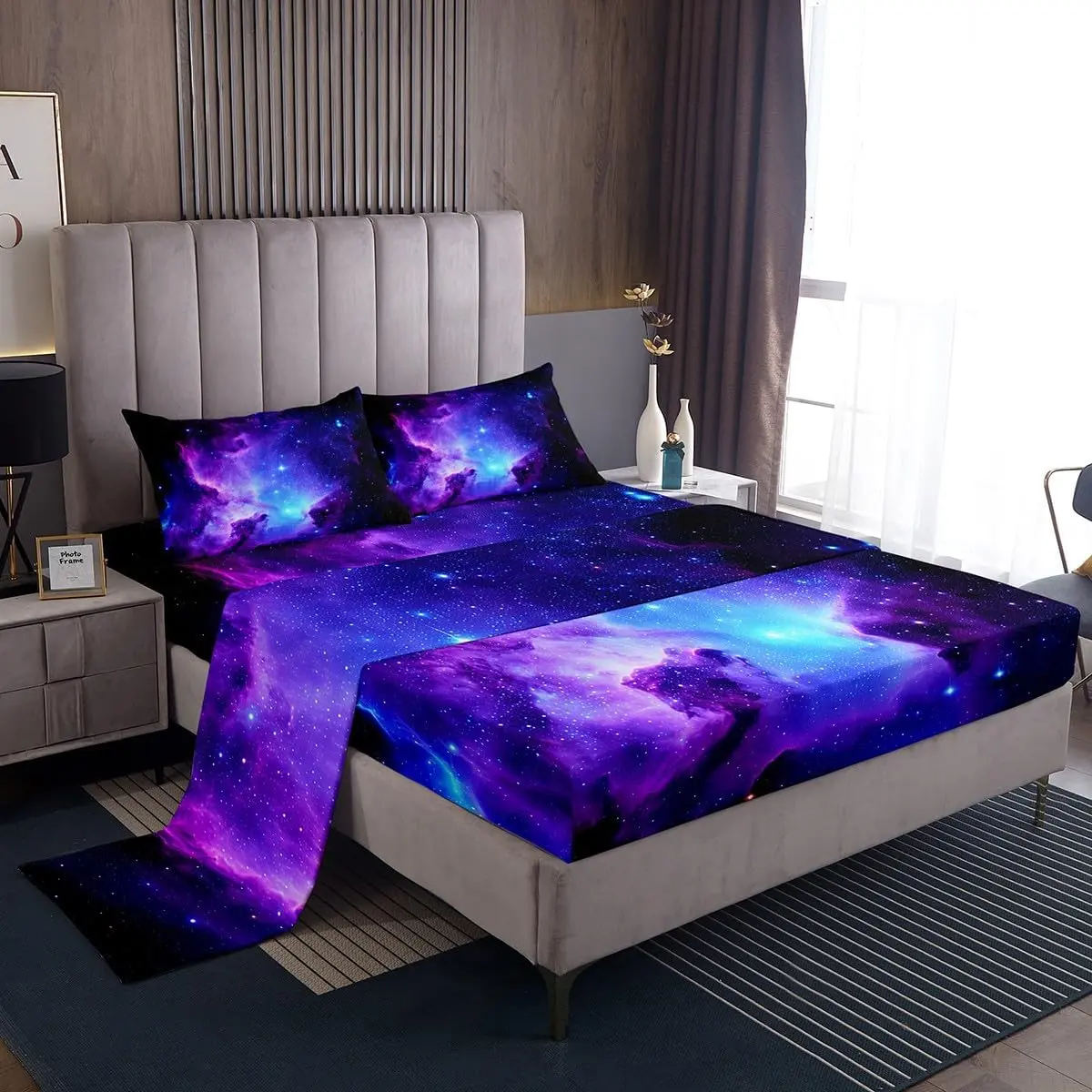 Feelyou Ultra-Soft Purple Stars Galaxy Cosmic Bed Sheet Set - Cotton-Free Bedding Sets Collections, Breathable Durable Easy-Care Outer Space Linens, Elastic Edge Hold Fits Up to 16" for Home Decor