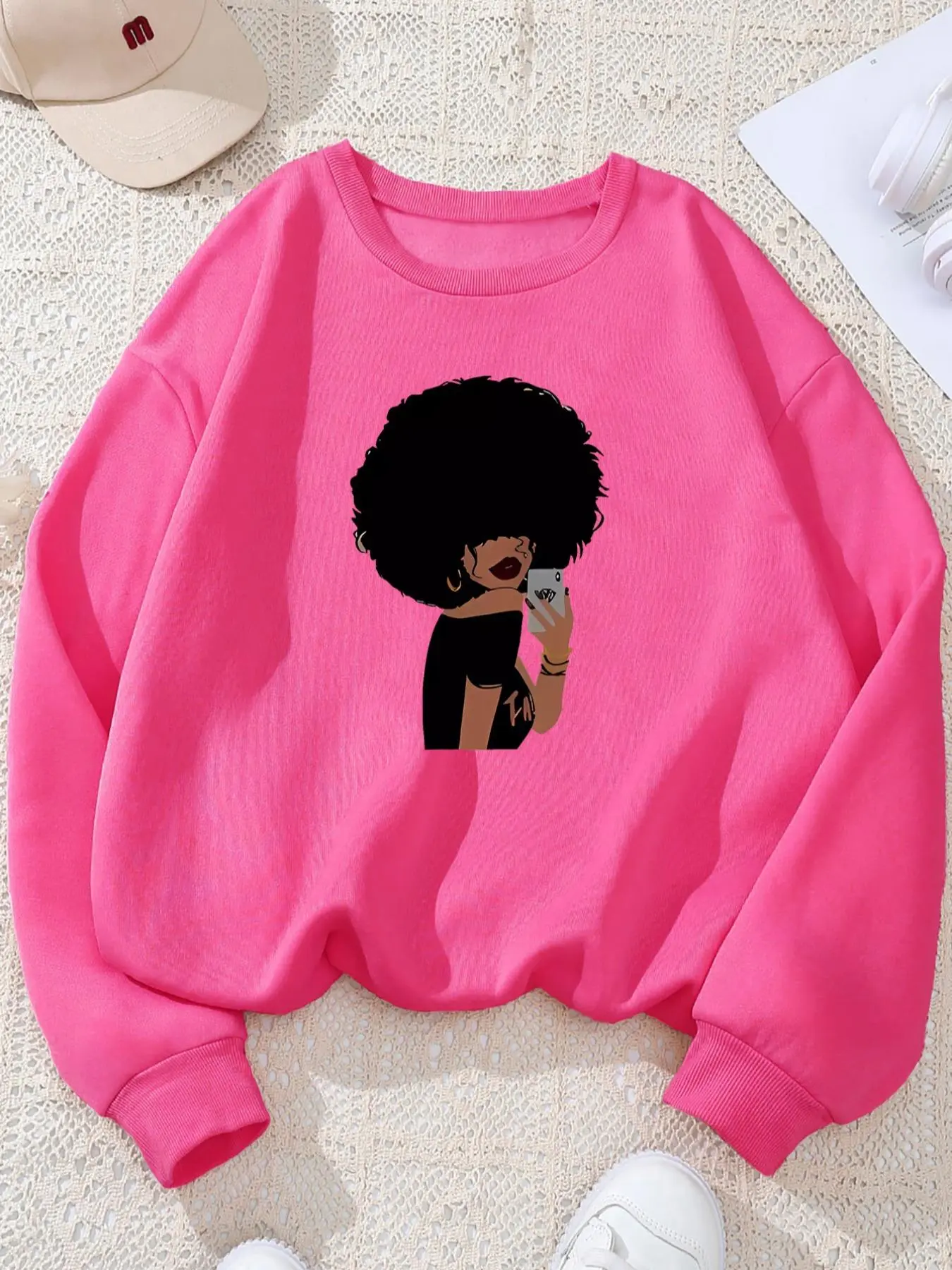 Women's Afro Girl Print Round Neck Cozy Sweatshirt, Casual Long Sleeve Crew Neck Pullover for Fall & Winter, Women's Clothes for Daily Wear