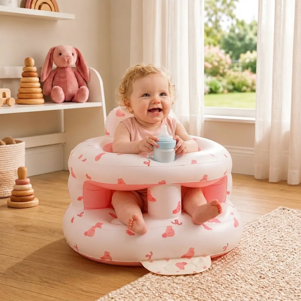 Upgraded Inflatable Baby Floor Seat with Back Support - Built-in Air Pump for 3-36 Months Infants, Baby Furniture Sit-Me-Up Chair