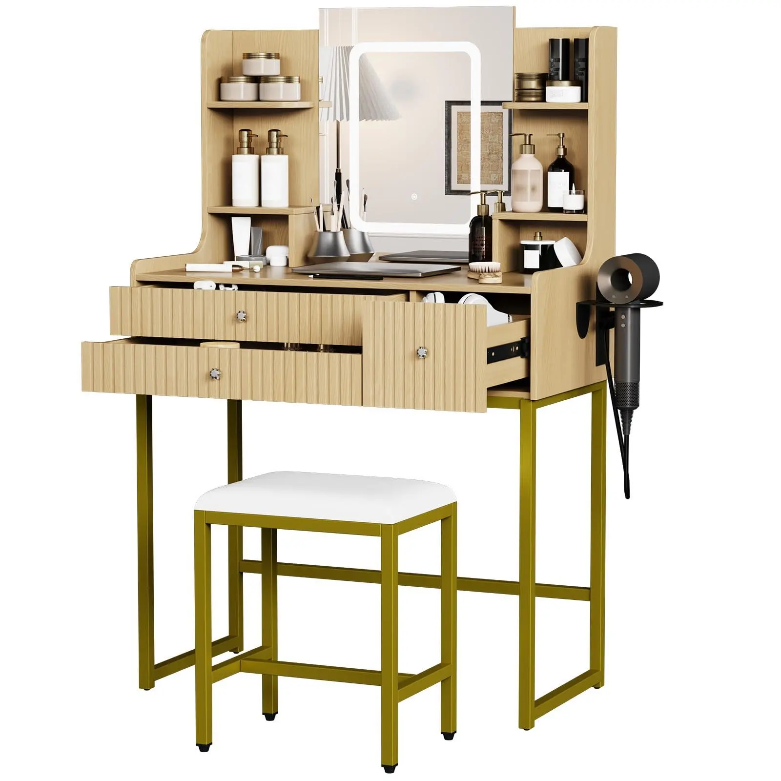Garvee Fluted Makeup Vanity Desk with Mirror & Lights, 3-Drawer Dressing Table | Small Vanity Table with 4 Storage Shelves, Modern Fluted Drawer Fronts, Compact Design for Bedroom & Apartment, Easy Assembly