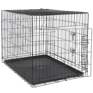 Black 42" Foldable Durable Steel Frame Dog Crate - Escape-Proof Kennel, Pet Supply with Leakproof Tray Pan, 2 Doors for Home & Outdoor Use