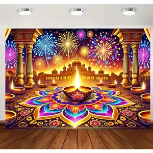 1pc 2D Flat Vibrant Diwali Fireworks & Temple Scene Backdrop - Polyester Fabric, Reusable Easy to Set Up, Ideal for Home Gatherings, Weddings, Birthdays, Christmas, Thanksgiving, Autumn Decor, Festive Decoration