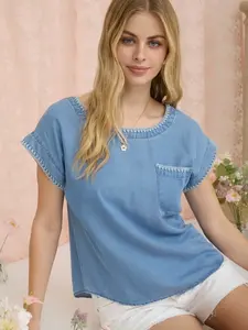 Women's Open-Stitch Chambray Blouse, Casual Loose-Fit Women's Top for Daily Wear Shortsleeve Shirts Womenswear