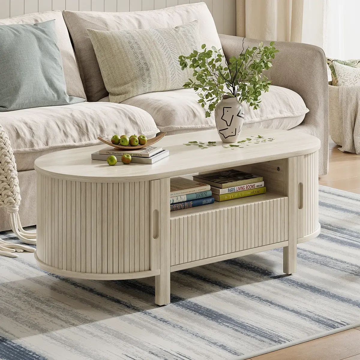 【SummerFinds】ONBRILL 47.2in Midcentury Modern Oval Coffee Table - Clean Look Flat-Top Indoor Table with Fluted Accent, Drawer-Style Storage, Sliding Tambour Doors, Safe Rounded Edges, Decor for Living Room, Small Room Ideas Furniture