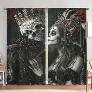 2-Pack Gothic Style Skull Landscape King and Queen Dark Style Curtains with Rod Eye Installation, Digital Printing Technology, Polyester Material, Light-Filtering Suitable for Living Room, Kitchen, Bedroom, Study, Hotel, Restaurant Home Decoration