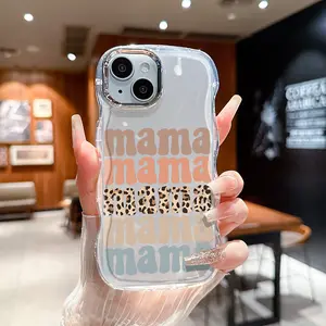 Leopard Mama Vibes Fun Typography Phone Case for iPhone 11 12 13 14 15 16 17 Pro ProMax Plus, Water Ripple Electroplating Edges, Shockproof Protective Cover, Stylish Aesthetic Gift for Men Women