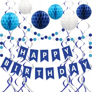 Blue Birthday Decorations-Navy Blue Happy Birthday Banner With 6 Honeycomb Balls, 6 Metallic Hanging Swirls and Circle Dot Garland Decorations For Men and Boys Birthday Party