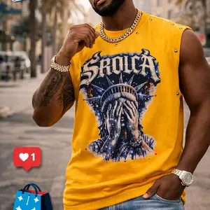 Srolca Men's Yellow Sleeveless T-Shirt with Statue of Liberty Graphic and Rivets Fashionable Streetwear