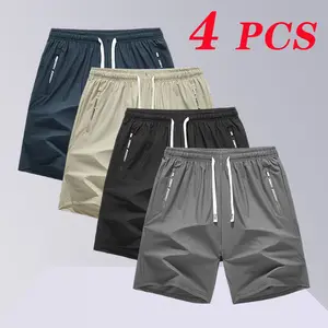 Men's 4-Pack Casual Athletic Shorts, Mid-Length Loose Fitting Nylon Blend Cool-Feel Bottoms with Mid Waist Draw, High-Stretch Multi-Size Menswear Ideal for Summer Outfits