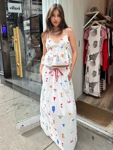 Poplin Maxi Skirt in White Bikini Print