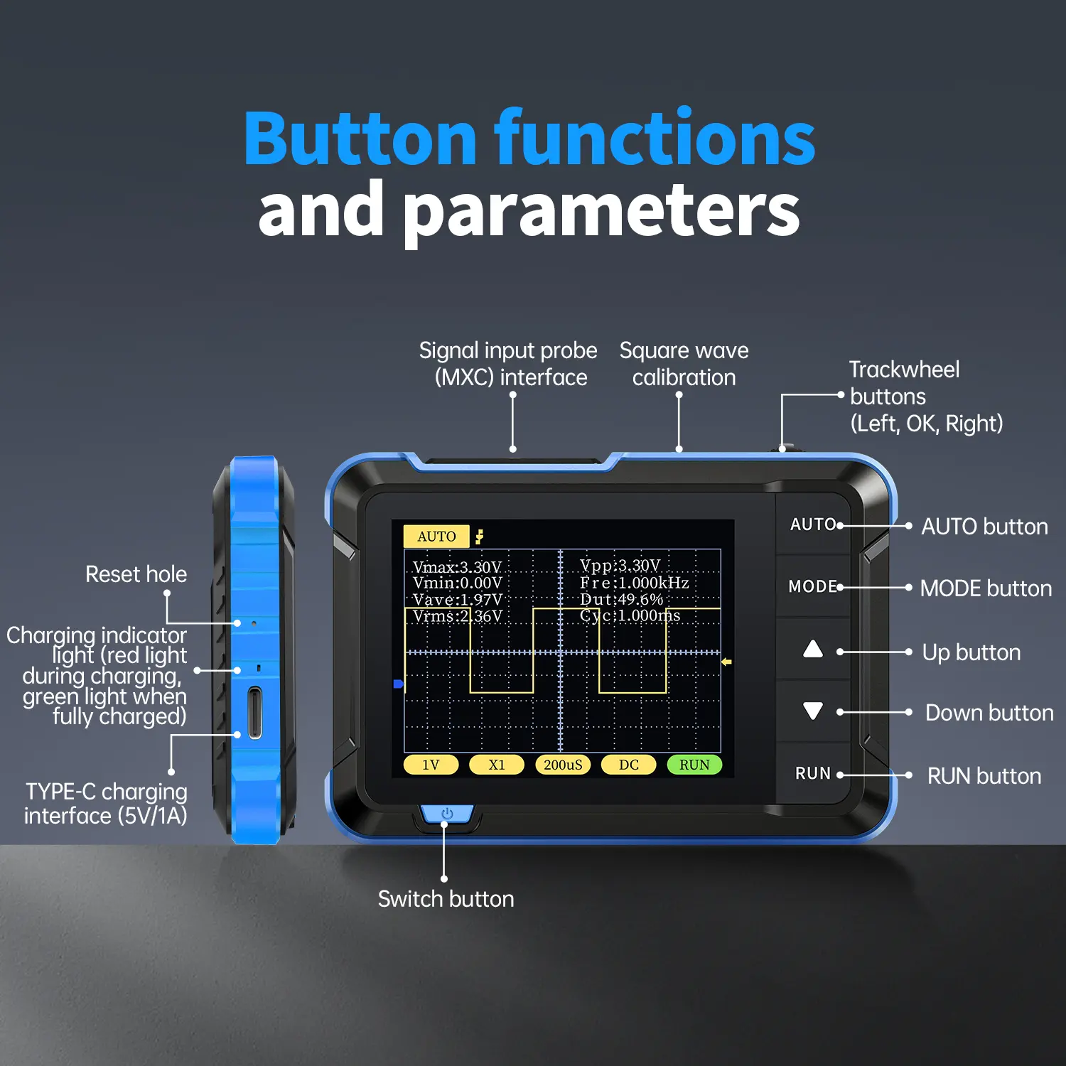 DSO152 Model Pocket-Size Mini Handheld Digital Oscilloscope, 2.5 MS/s Sampling Rate, 200 kHz Analog Bandwidth, 400 V, 800 VPP, 2.8 Inch Display, 10x Probe, 280 V AC Support, Auto Button, Batteries, Firmware Upgrade Capability, PWM Output