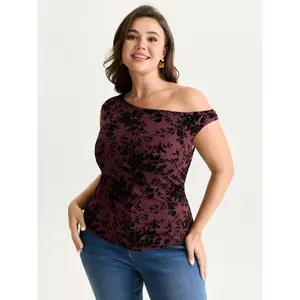 BLOOMCHIC Lady's Plus Size Stretchy Floral Mesh Print Drop-Shoulder Spandex-Polyester Knit Blouse - Shirts with Flattering Fit, M-6X Sizes, 2026 Summer Vibes, Spotlight Deals