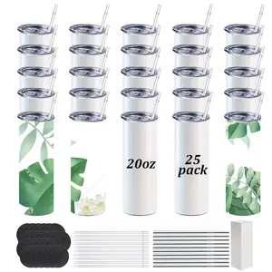 Crafix 25-Pack 20oz Stainless Steel Skinny Sublimation Tumbler - Double Wall Vacuum Insulated Water Bottle (500-1000ml), Portable Kitchenware with Plastic/Metal Straws, Rubber Coaster, White Bottom, Customizable Color Festive Gift