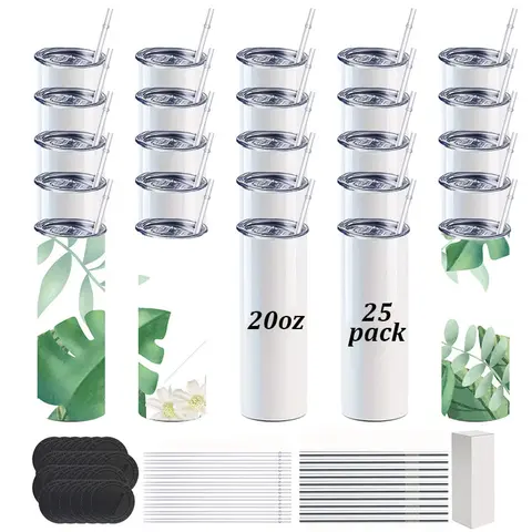 25-Pack 20oz Stainless Steel Skinny Sublimation Tumbler - Double Wall Vacuum Insulated Water Bottle (500-1000ml), Portable Kitchenware with Plastic/Metal Straws, Rubber Coaster, White Bottom, Customizable Color Festive Gift